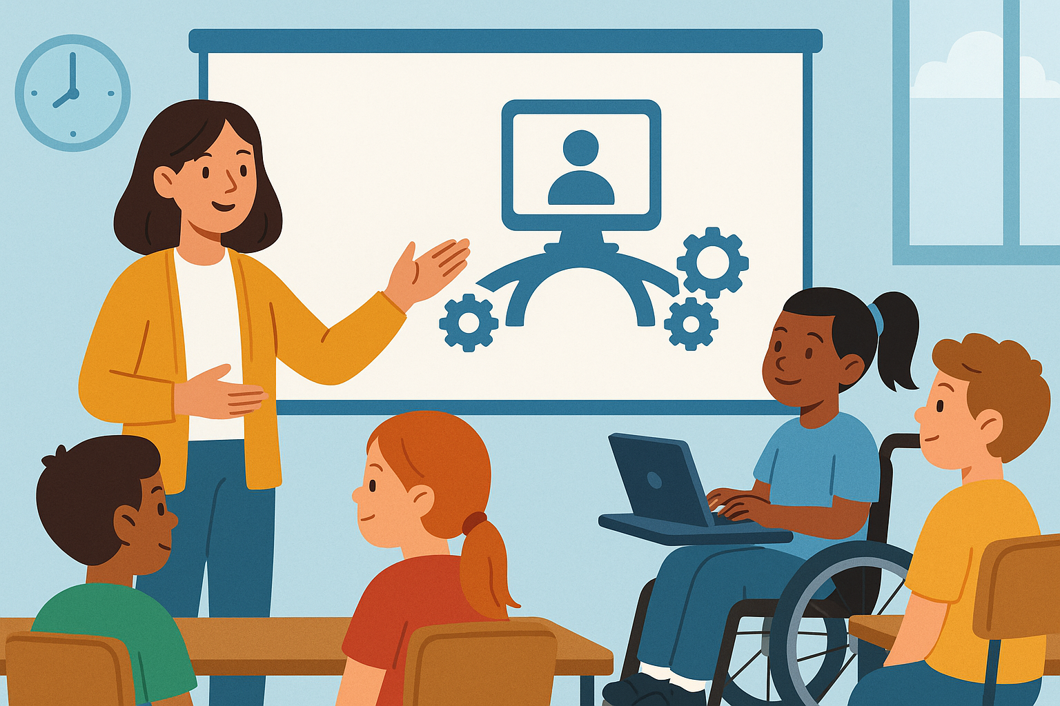 Illustrated classroom with a diverse group of children, including a wheelchair user. A teacher presents assistive tech on a screen in an inclusive learning setting.